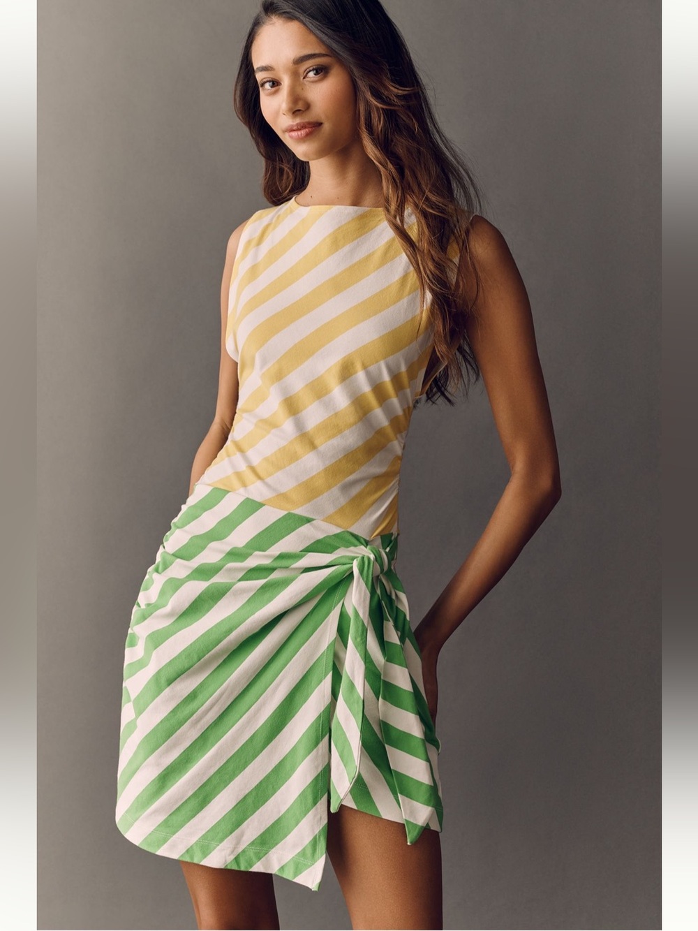 Anthropologie Coastal Striped Wrap Mini Dress Green Yellow Large NWT